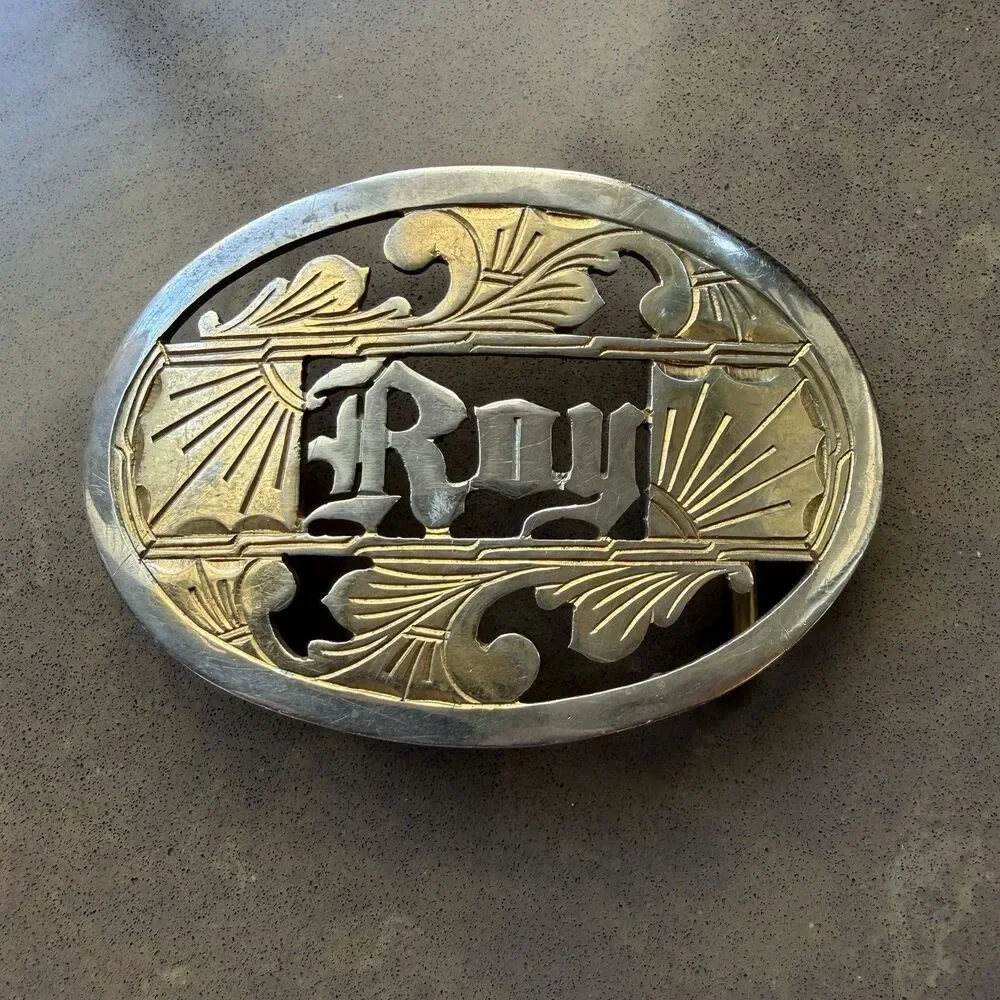 Vtg Brass Belt Buckle w/Cutouts Custom Name 
